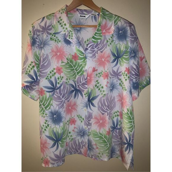 Vintage ALIA Pastel Hawaiian button down top size 18 - Picture 1 of 12